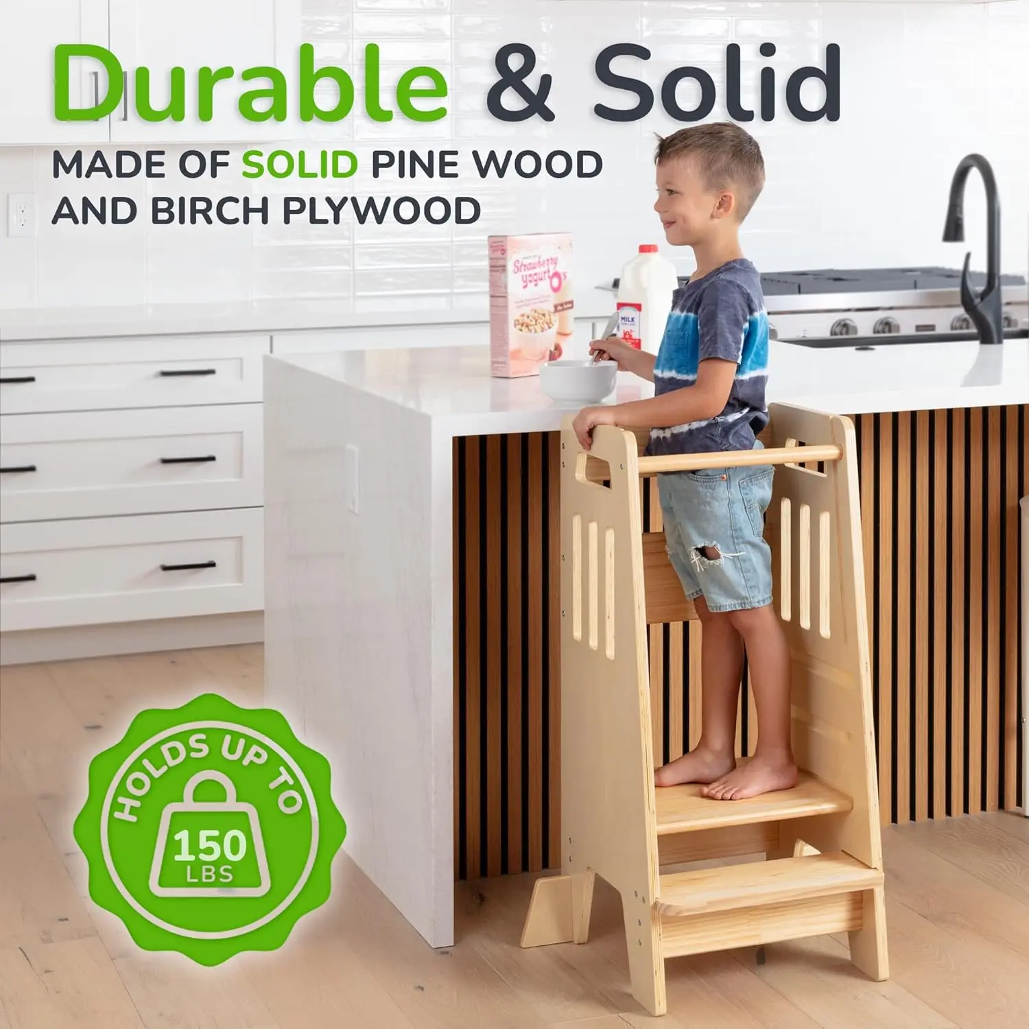 Sliding Door and 3 Adjustable Heights - Complete Toddler Kitchen Stool Helper with Support Feet - Safe Design for 18+ Months to