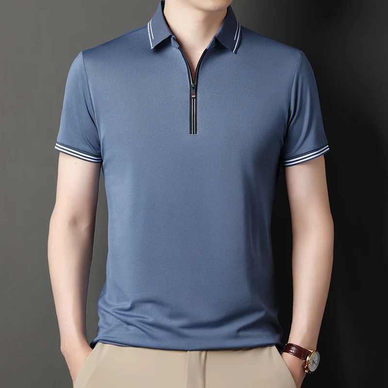 

High quality short sleeve men's polo shirt summer fashion half zipper striped design top trendy comfortable casual T-shirt