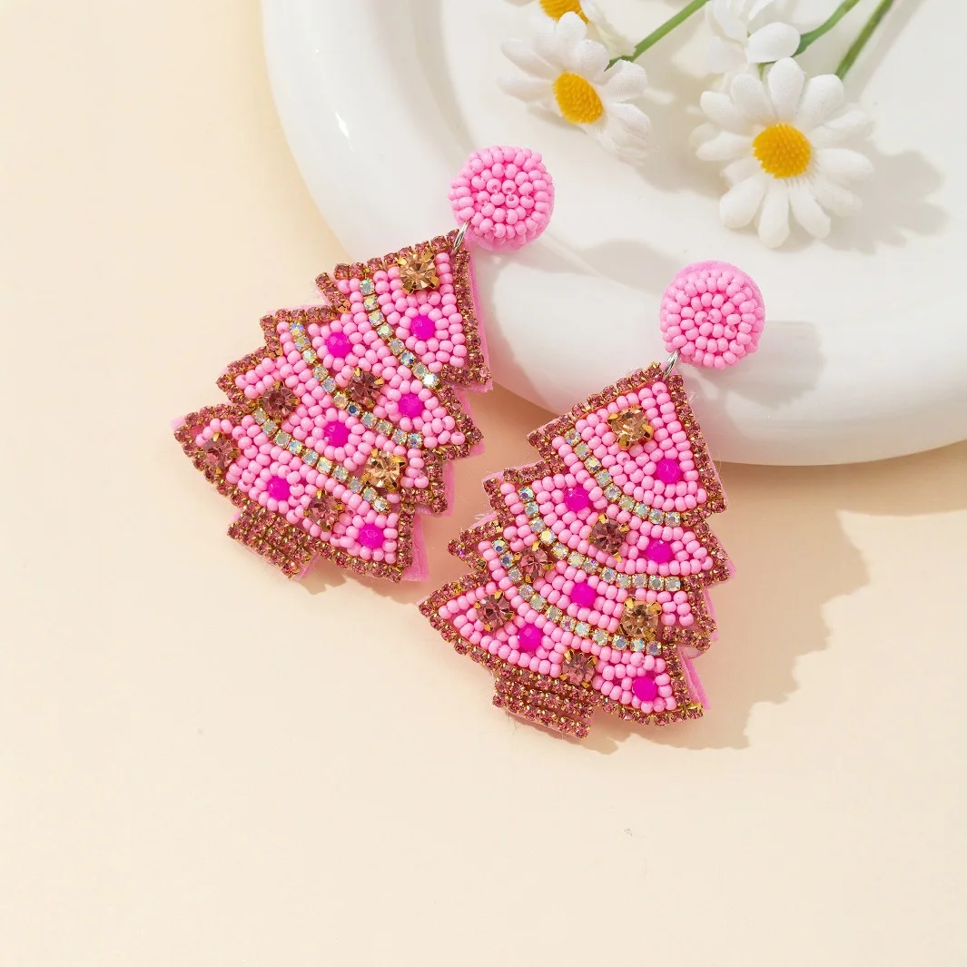 Rice bead earrings Fabric Christmas tree Creativity Bohemia Pattern Hand weaving Alloy Female Fashion Simplicity Beaded earrings
