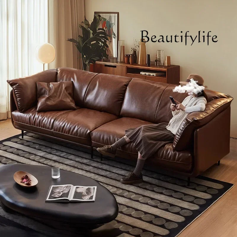 

Retro Nordic oil wax leather sofa small apartment down straight leather French antique sofa