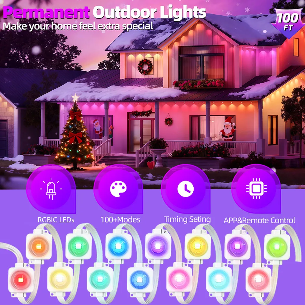 Permanent Outdoor Lights for House Waterproof IP67,Christmas Eaves LED Lights, Smart RGB+IC App & Button Control