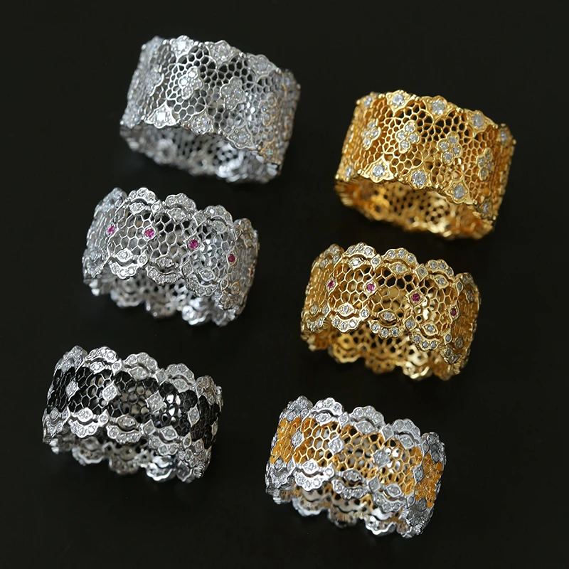 

Italian Retro Openwork Lace Ring for Women, 925 Sterling Silver with Precision Diamond Inlay Wide Band