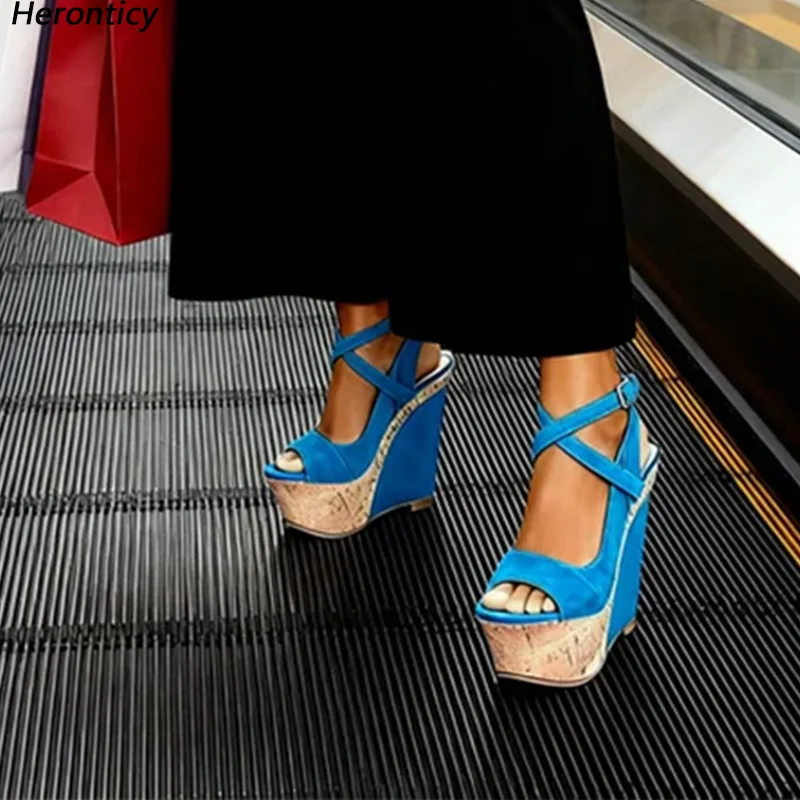

Heronticy HandmadeBright Red Wedge Heels for Women - Strappy Cork Sole Platform Sandals with Open Toe Design for Beach Size 5-20