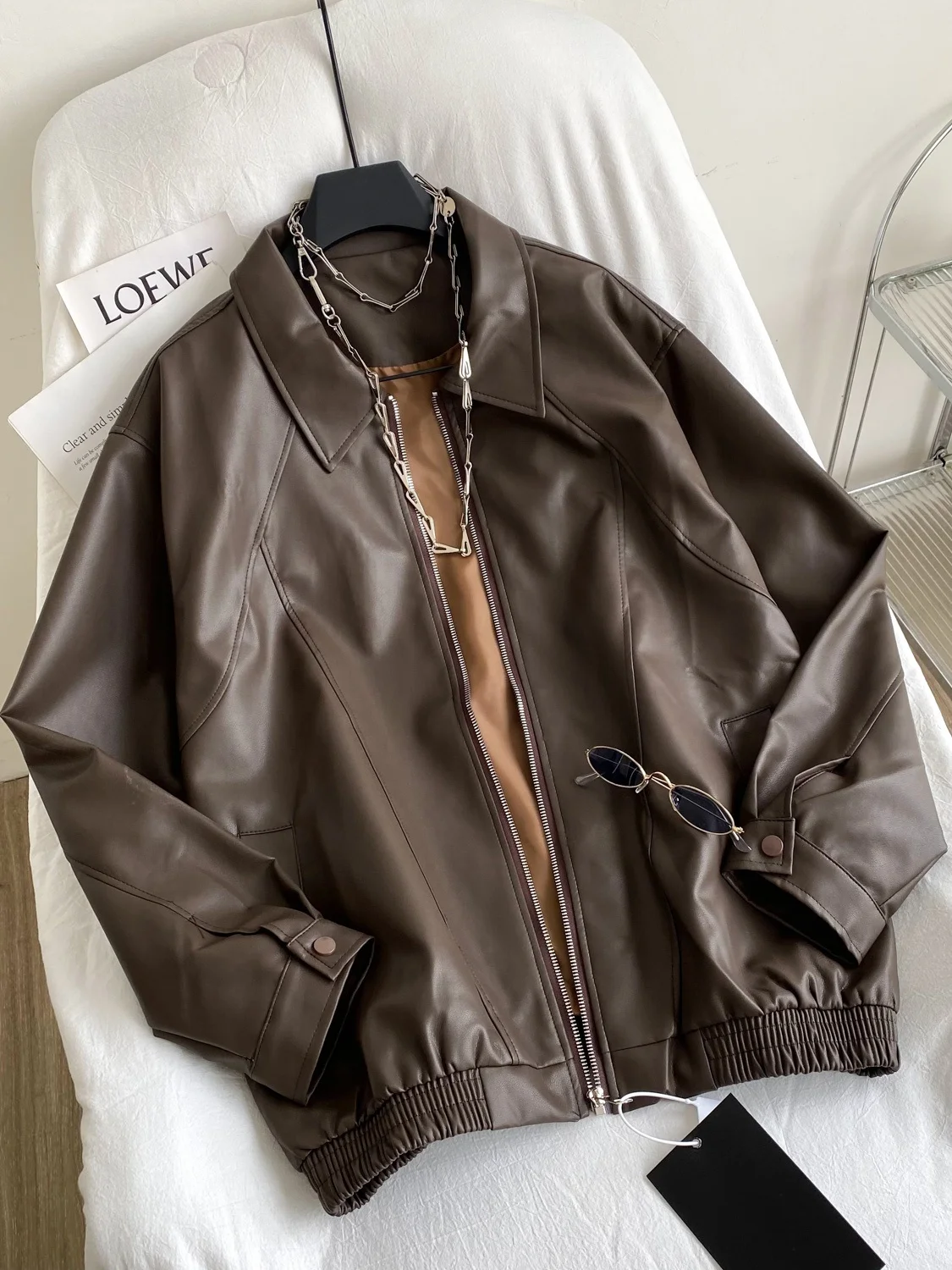 

Retro American Hot Girl PU Leather Jaet Women's Autumn Zipper Loose Collar Design Street Motorcycle Clothes Outerwear Trendy