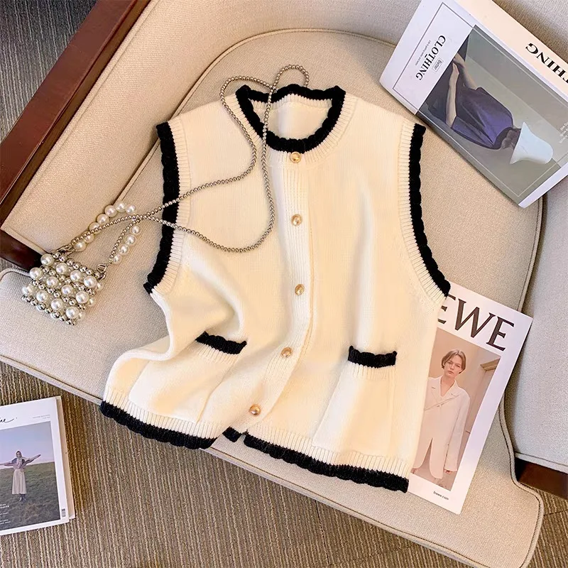 

Women Autumn Winter Korean Button Solid Color O-neck Knitting Sleeveless Women Clothes Simplicity Loose Vest Pullovers Top Tee