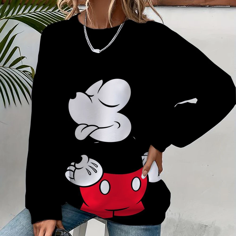 Street casual women\'s sportswear with Mickey Mouse cartoon print hoodie, loose and soft pullover sweater, round neck woolen swea