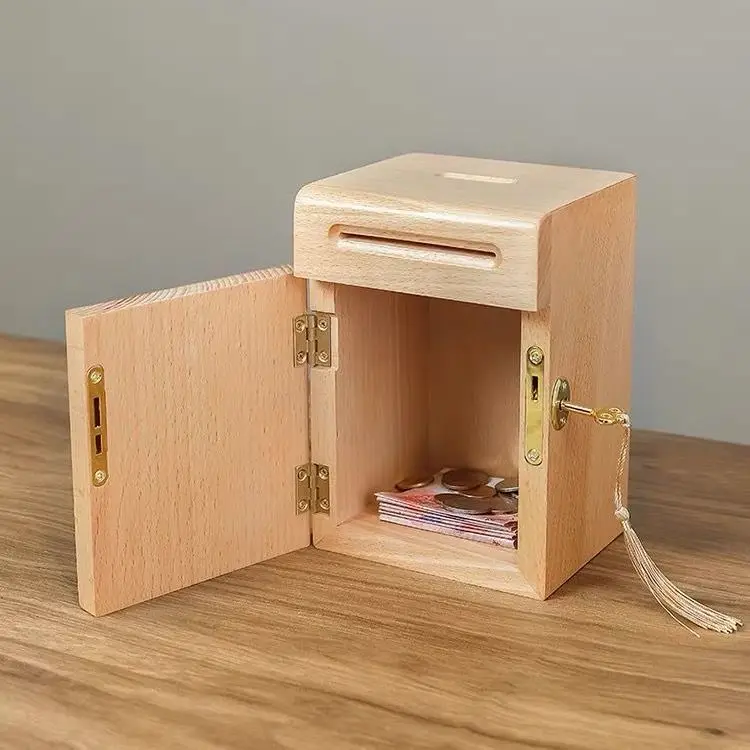 Natural Beech Wood Piggy Bank With Lock Key, Vintage Wooden Money Box For Coins Bills, Decorative Savings Jar Kids Adults,