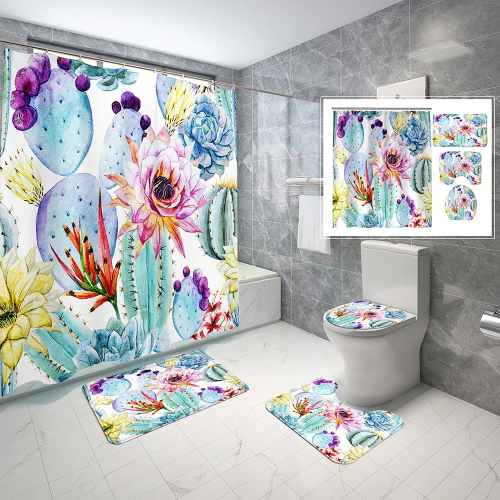 

Green Plant Cactus Print Shower Curtain non-slip Carpet Toilet Mat Simple Bathroom Shower Curtain Setwater Washable