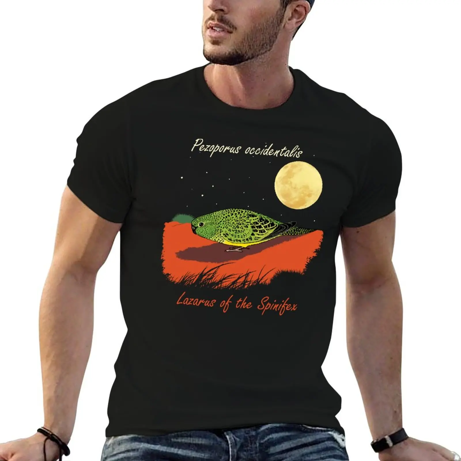 Pájaro nocturno, Pezoporus occidentalis, Lázaro del Spinifex. Camisetas para hombre, camisetas de algodón divertidas, camiseta de algodón para hombre