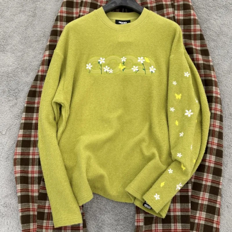 Yellow Hollow Letters Round Neck Pullover Heavy Embroidery Wildflowers GOODBRAND Long Sleeve Tshirts Men Women Streetwear