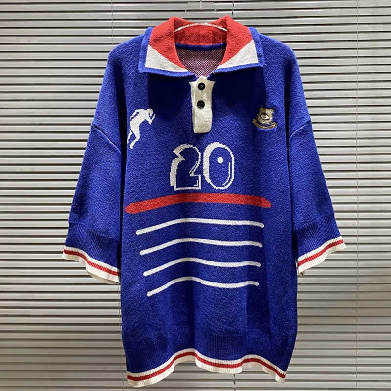 Maglione House of Errors di tendenza europea americana Polo a mezza manica lavorata a maglia jacquard multicolore di alta qualità