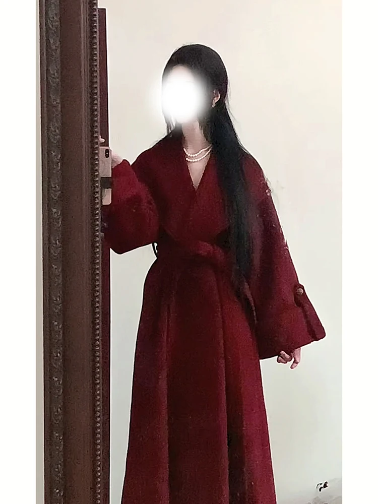 

Red Long Woolen Coat Ele Vintage Sle New Year's Faion Women's Winter High-End Feeling Outerwear Polyester Fiber