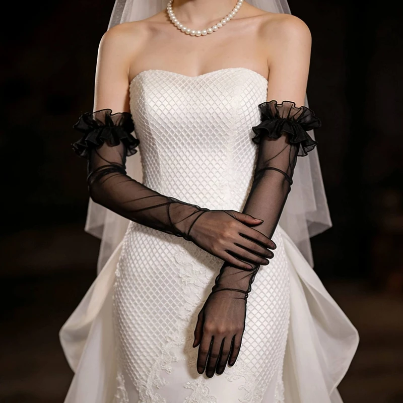 Black Long Bridal Gloves Sheer Tulle Opera Gloves Ruffled Cuff Evening Mesh Full Finger Gloves Party Wedding Accessories