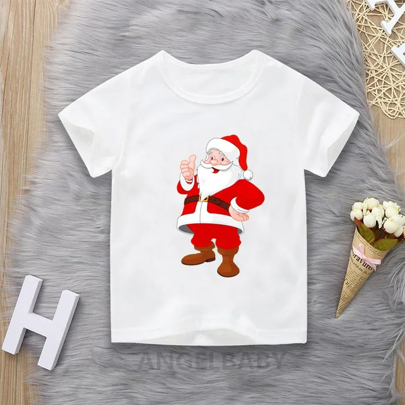 Merry Christmas Santa Cartoon Print Children T-shirts Girls/Boys Funny Baby Clothes Kawaii Kids Short Sleeve Tshirt Gift Present