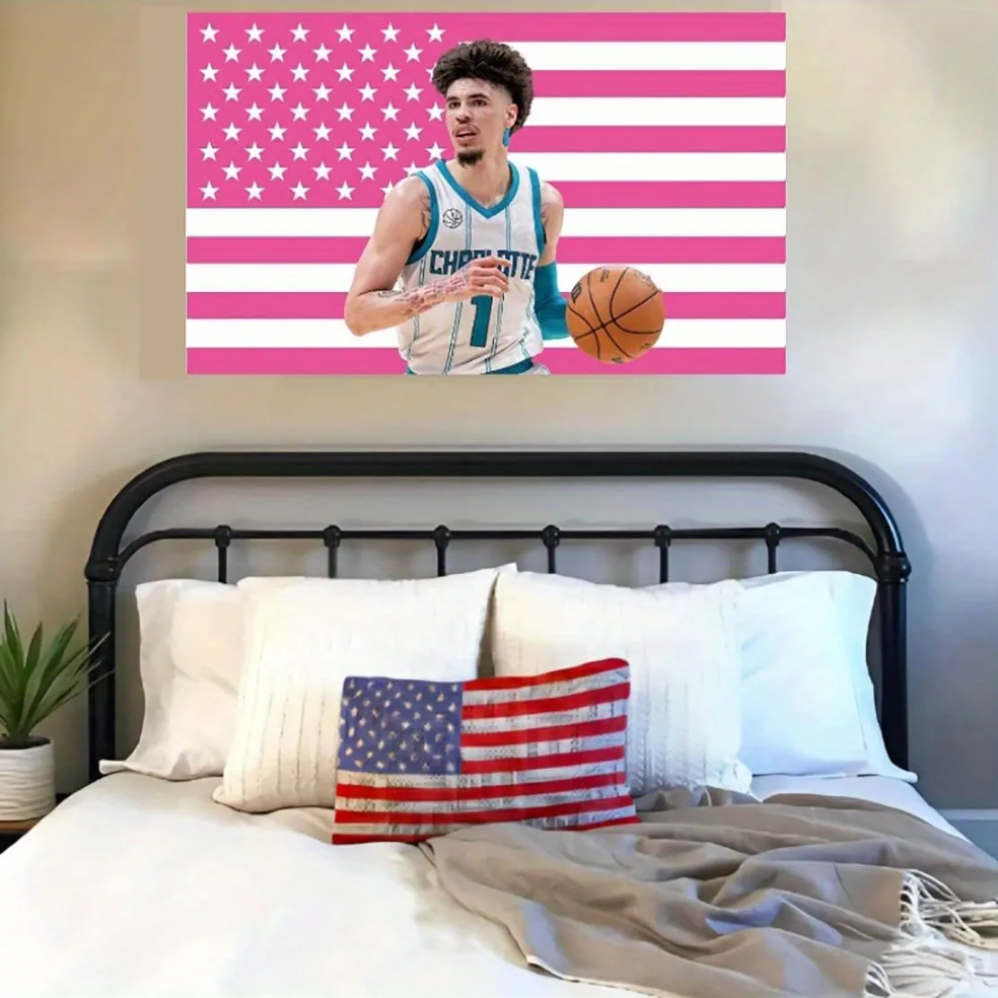 Lamelo Pink Ball American Flag Hanging - Decor for Bedroom, College Dorm & Outdoor Party