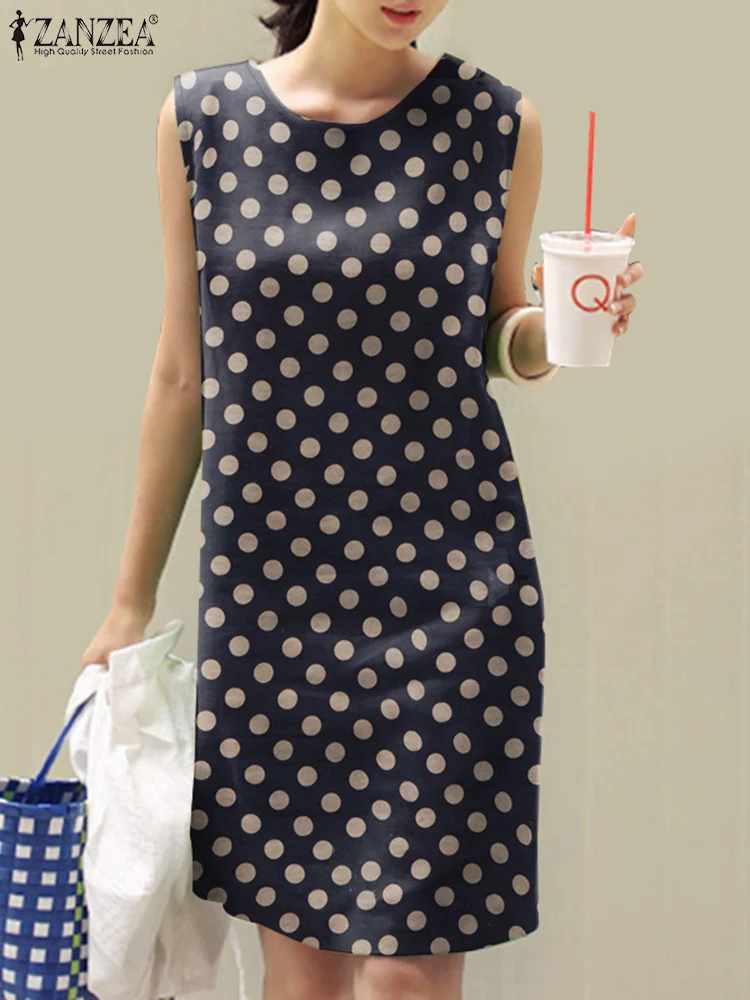 ZANZEA 여성용 여름 물방울 무늬 원피스 민소매 비치 선드레스, 캐주얼 휴일 복장, O넥 탱크 로브, Sarafans 패션