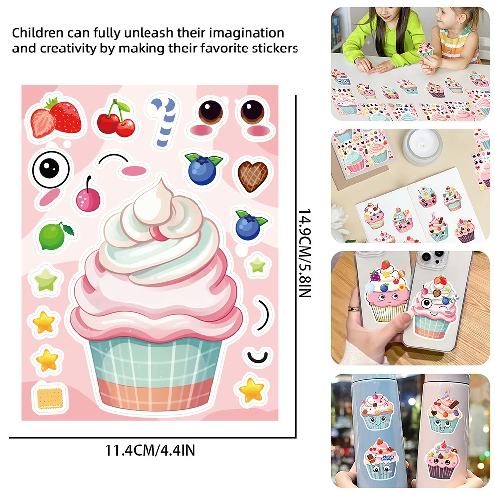 8/16 feuilles crème glacée Cupcake faire un visage Puzzle autocollants enfants bricolage décalcomanies drôle dessin animé assembler Puzzle enfants jouets décoration