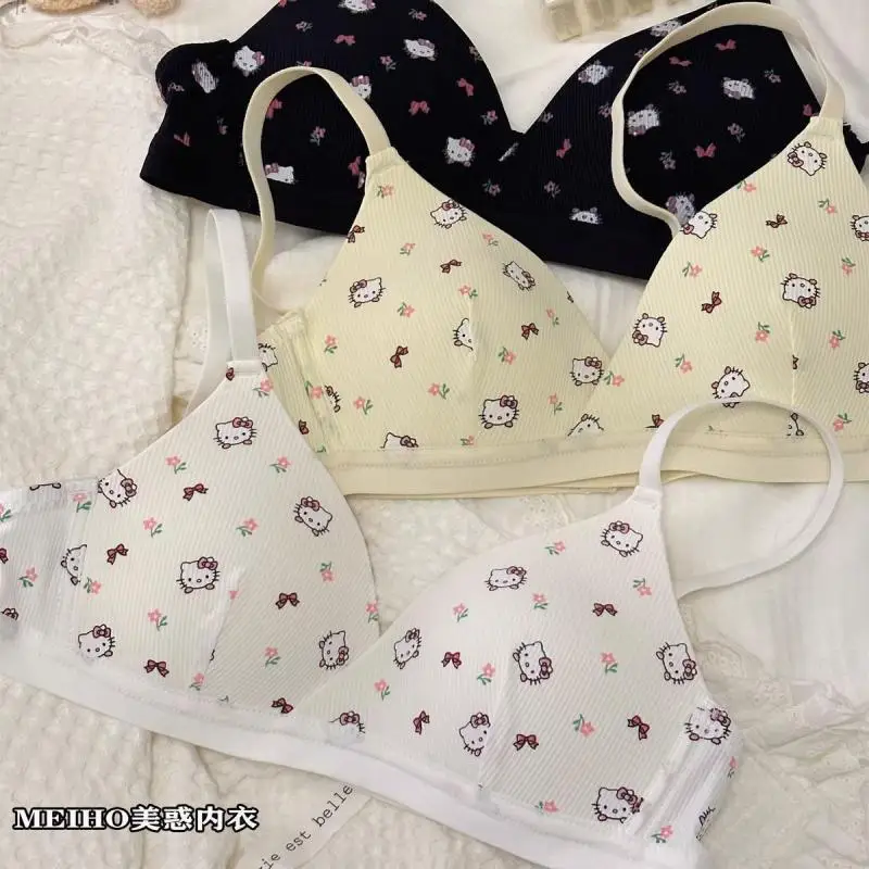 Hello Kitty Bra Kawaii Sanrio Underwear Set Anime Print Small Size Breathable Without Wires Cartoon Cute Girl Swimsuit Bra Set