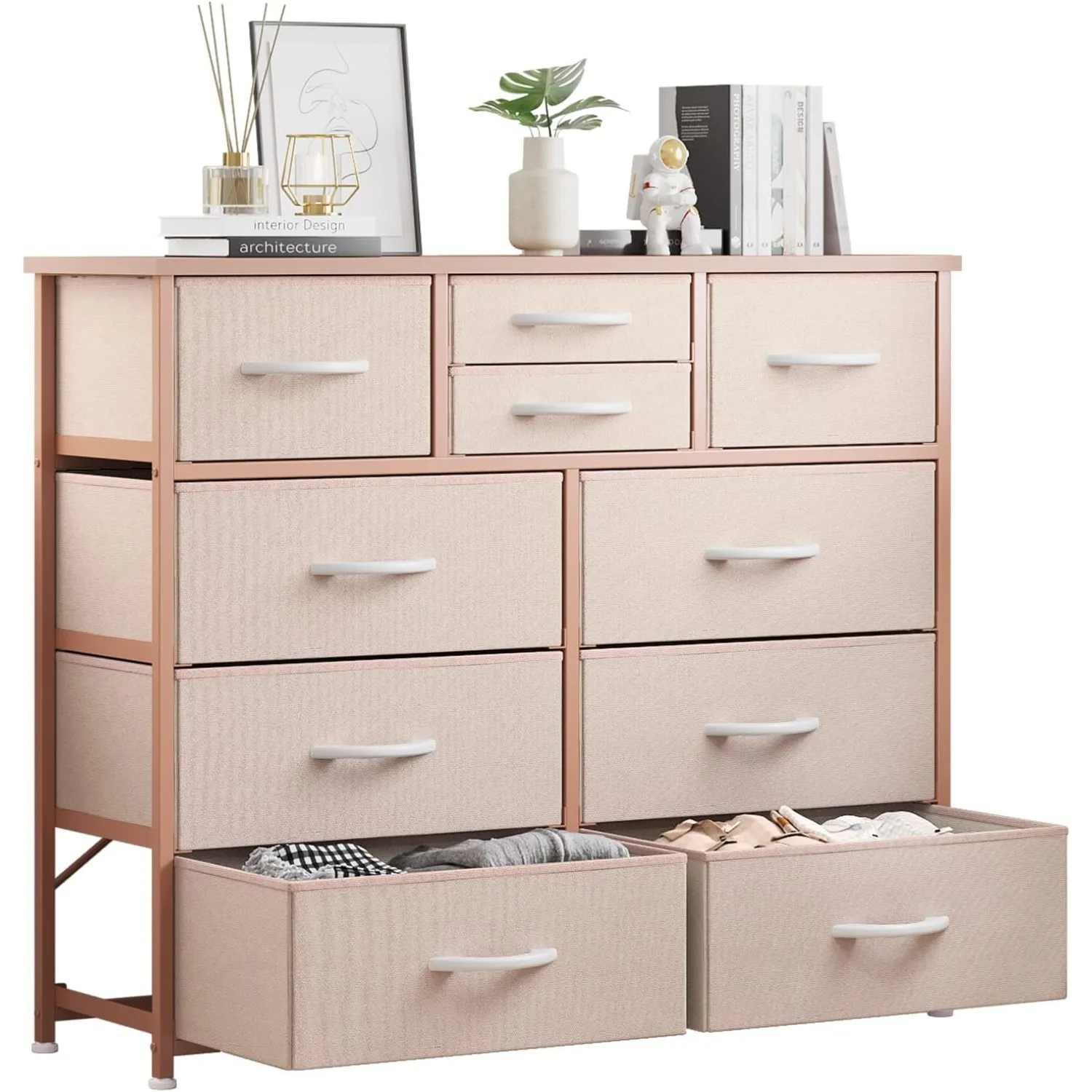 10-Drawer Dresser, Fabric Storage Dressers Drawers, Closets, Steel Frame, Wood Top, Easy Pull Handle (Rose Gold)