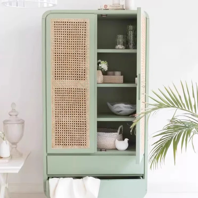 

American retro green solid wood braided rattan wardrobe small apartment master bedroom storage cabinet multi-layer locker with d