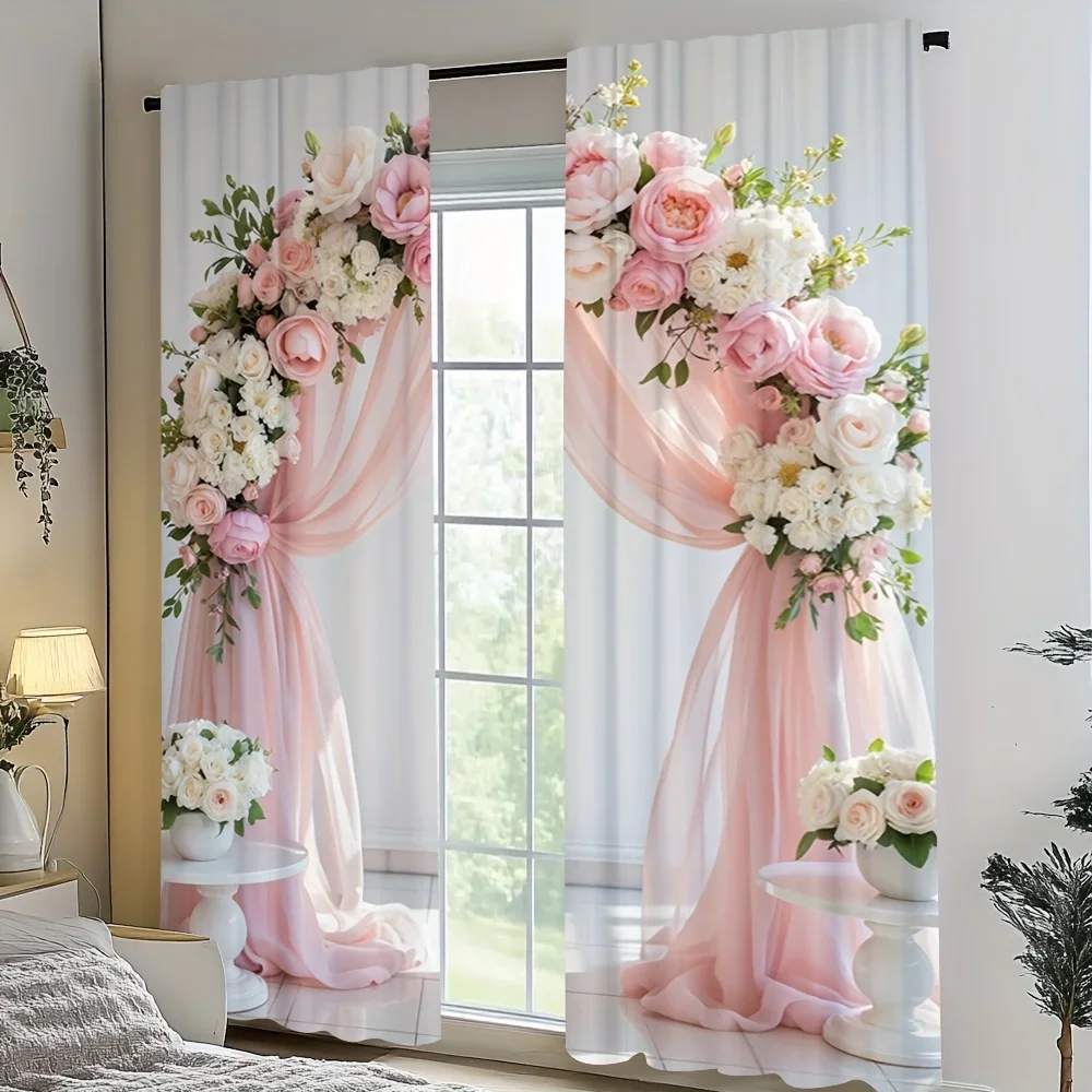 2 pieces of Pink Rose Wedding printed curtains, pole bag curtains 14*39, home decoration, room decoration