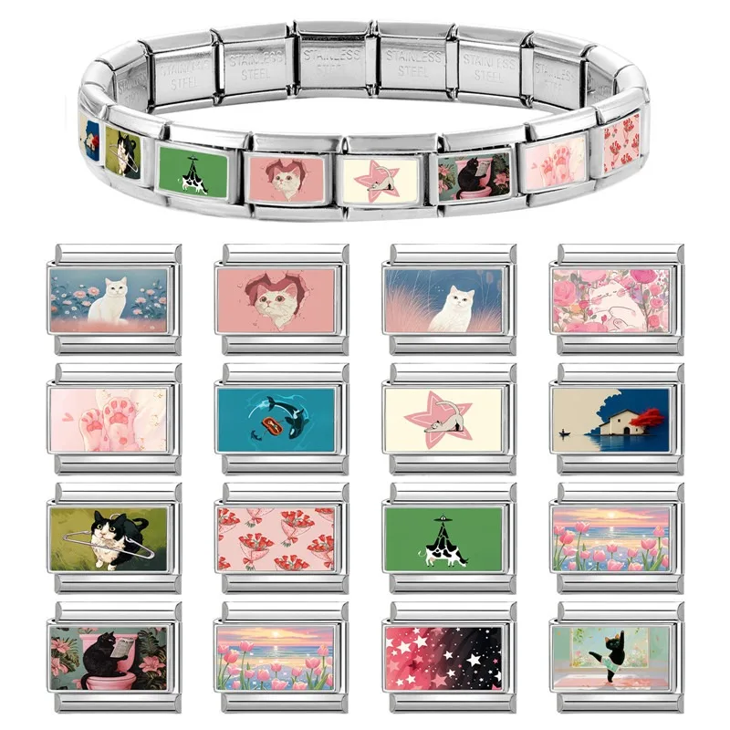 Cartoon Cute Cats Read Newspaper in the toilet Italian Charm Links Fit 9mm Stainless Steel Bracelet Men Women DIY Making Jewelry