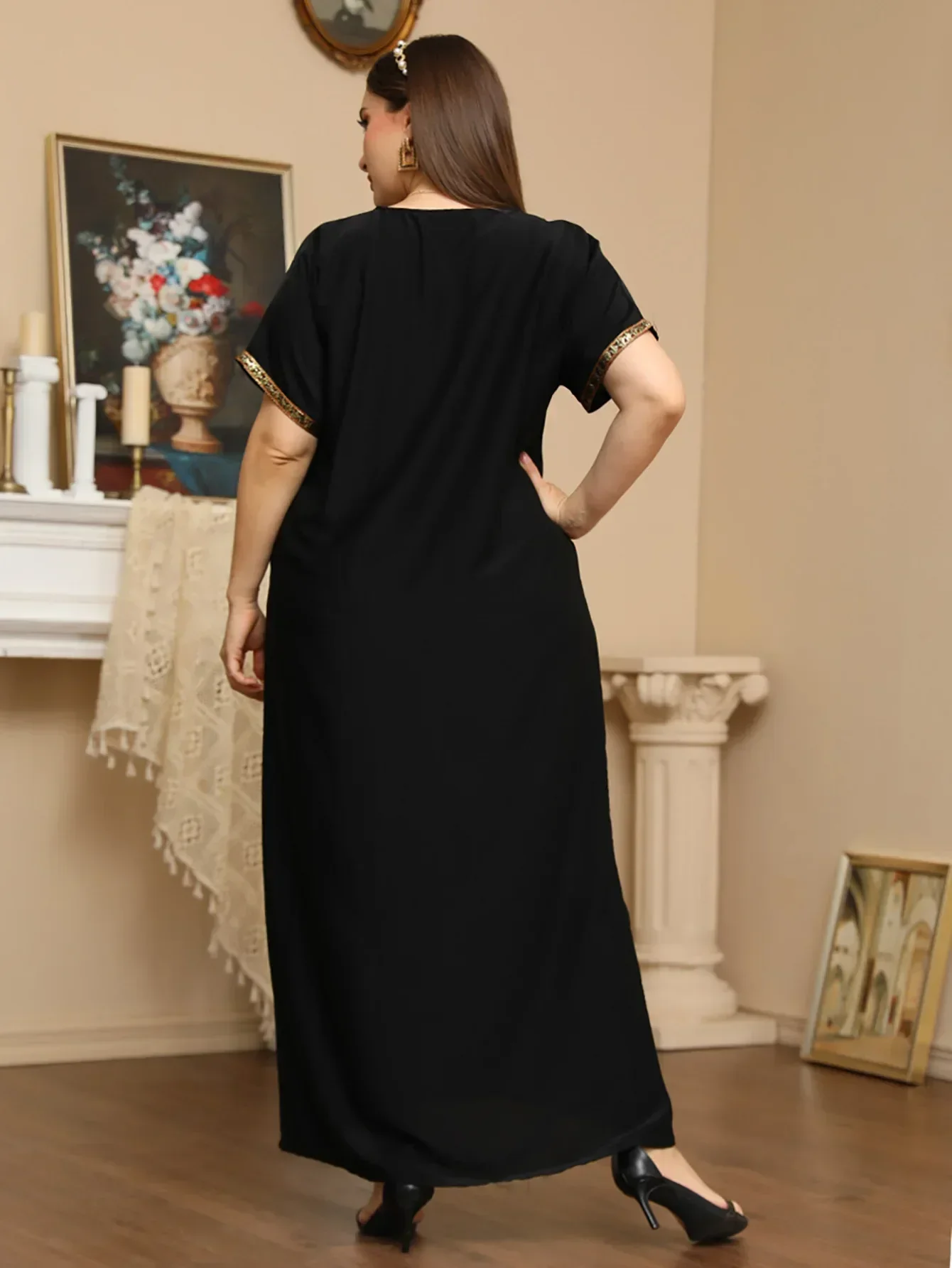 Novo verão miçangas bordado abaya para vestido muçulmano feminino marroquino kaftan roupas islâmicas manga curta solta robe islâmico árabe