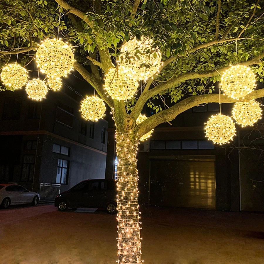 Natal LED Rattan Ball String Lights, Paisagem de suspensão, Fairy Lights para festa, casamento, jardim, decoração do pátio, ao ar livre, 20 cm, 30cm