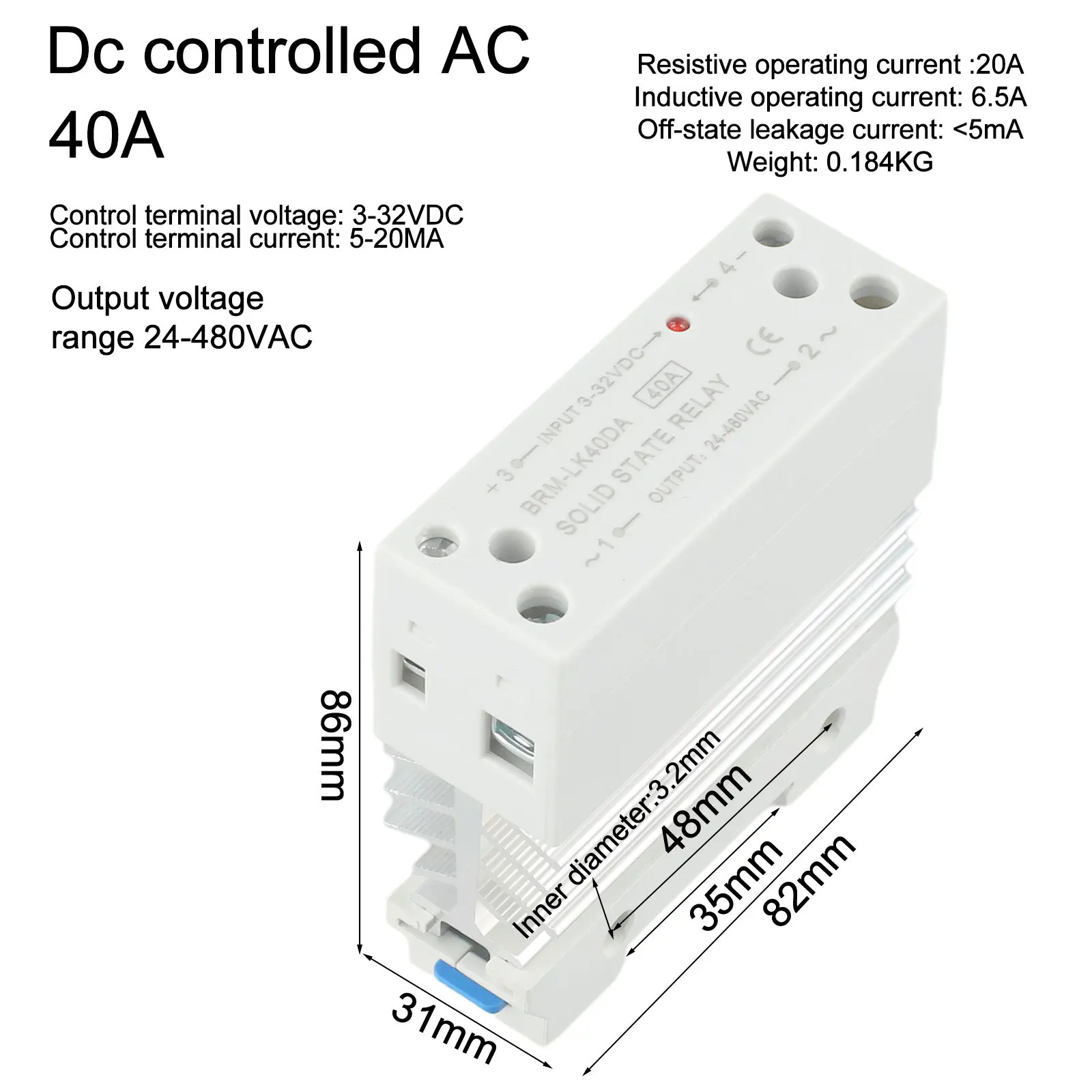 

Rail Mounted Solid State Relay 40A DC Control AC Relay Color As Show Heat Dissipation Integrated Standard 35MM Rail Installation