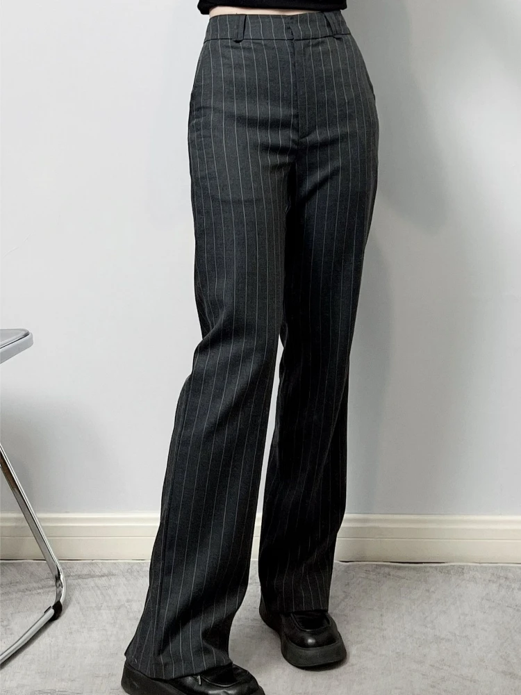 

Women Fall/Winter 2024 Wool Blended Side Slit Gray Pinstripe Mid-Rise Casual Straight Pants