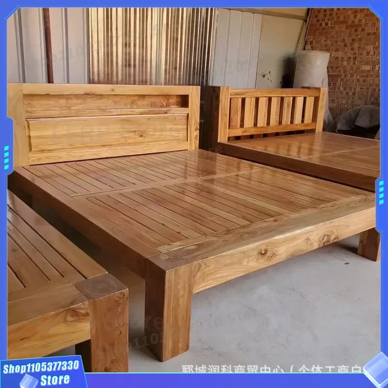 Modern Simple Solid Wood Bed Old Elm Tatami Hard Board Frame for Dormitory Homestay Rental Room Falcon Riveting Design