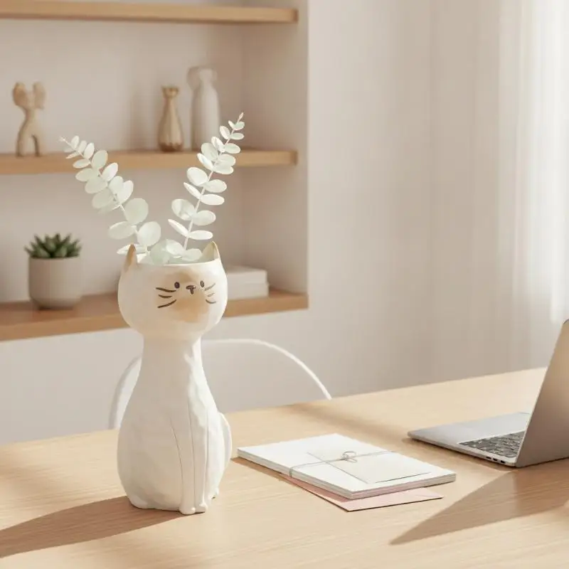 Vase en résine en forme de chat avec un design mignon et une surface texturée lisse, parfait pour la décoration de bureau à domicile et l'arrangement floral.