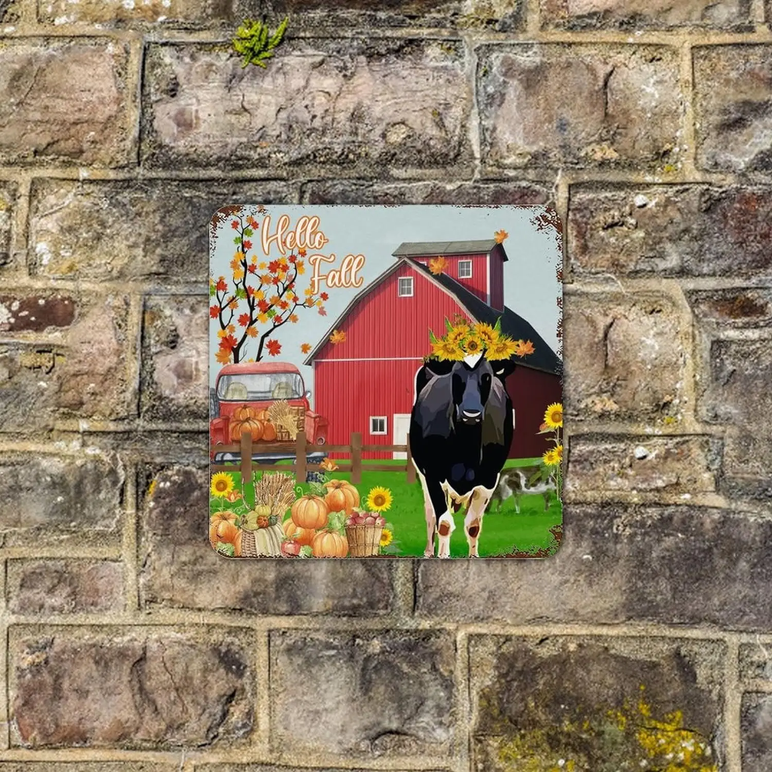 Maple Barn Truck Pumpkin Tin Plaque Hello Fall Cow with Sunflower Metal Plaque Rust Autumn Welcome Sign Thanksgiving Day