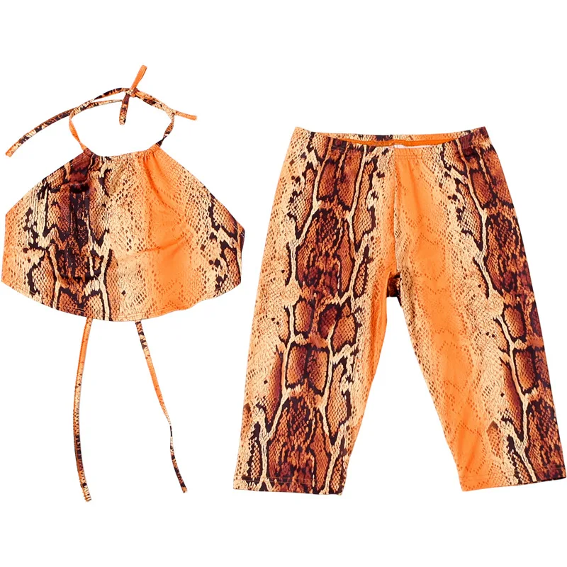 Serpentine Print Damen Sexy 2-teiliges Set Schnürhalter Rückenfreie Weste Crop Tops + Knielange Hosen Nachtclubwear Schlanke Anzüge