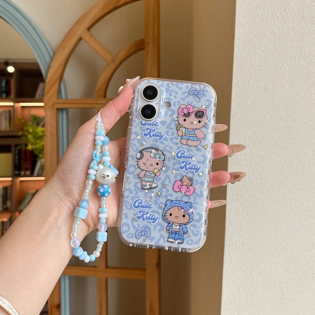 

Fashion Leopard print Hello Kitty Cartoon Wrist strap Phone Case For iPhone 16 Pro Max 15 14 13 Pro Max Back Cover