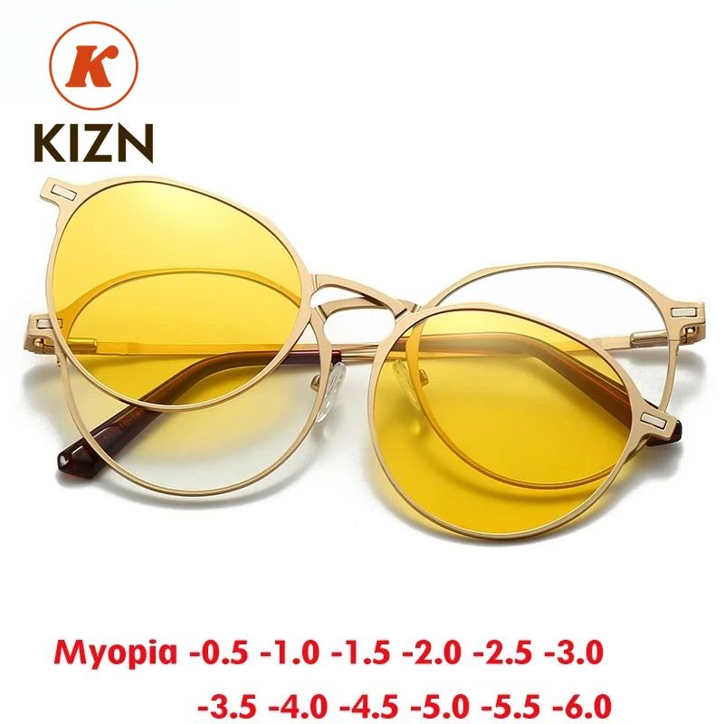 

KIZN 2 в 1, круглые магнитные клипсы, мужские поляризационные солнцезащитные очки для близорукости, костюм, женские очки по рецепту, индивидуальная оправа от -0,5 до -6,0