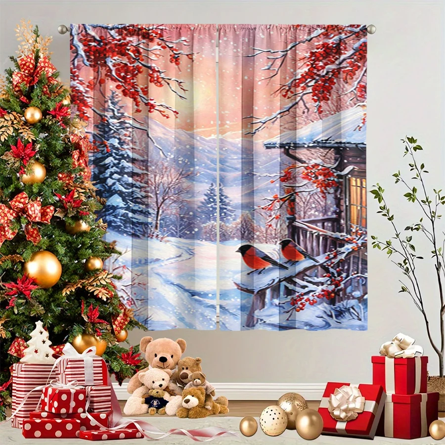 2PCS Christmas Winter Curtains, Watercolor Snow Cottage Berry Branch Bullfinch, Digital Print, Bedroom Living Room, Home Decor