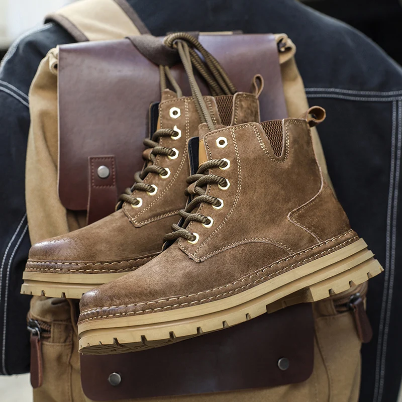 Men Vintage Work Ankle Boots Lace Up Distressed Suede Upper Chunky Lug Non Slip Sole Autumn Winter Outdoor Casual Walking Boots