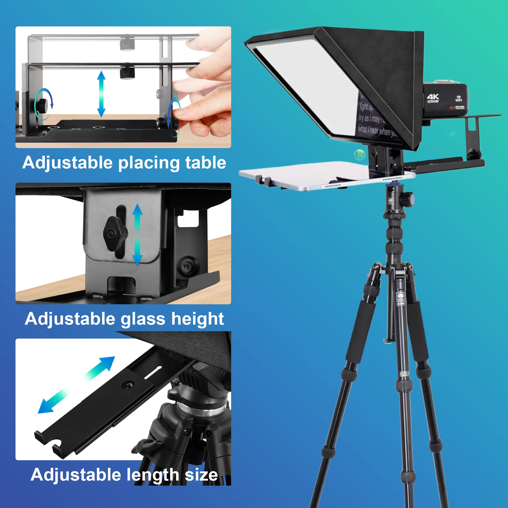 Teleprompter portátil i2/12 pulgadas, dispositivo compatible con tabletas de 12,9 pulgadas con 9 pulgadas de ancho, dispositivo Universal de