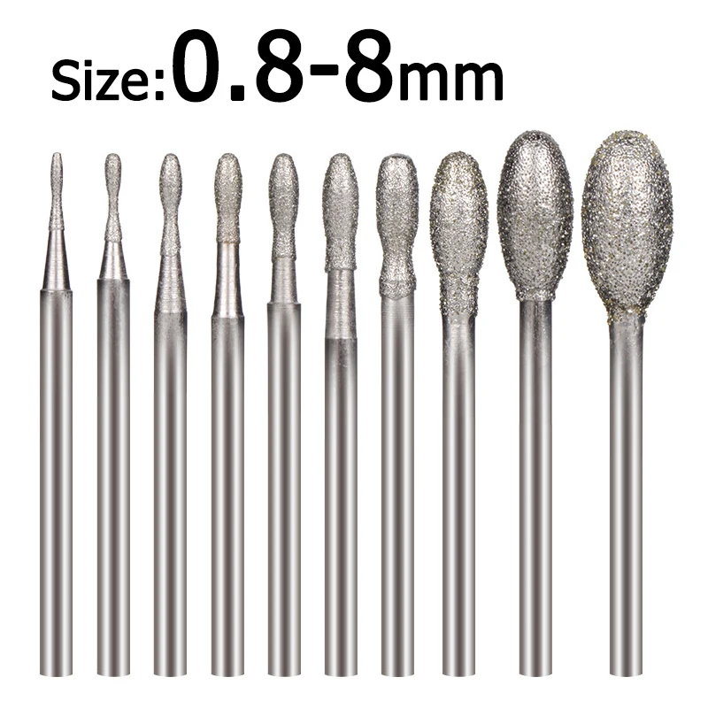 

1-11pcs 0.8~8mm Ellipse Electroplated Diamond Burr Grinding Engraving Bit 2.35/3mm Shank Polishing Head for Dremel Rotary Tools