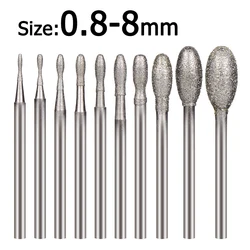 1-11 pz 0.8 ~ 8mm ellisse elettrolitico diamante Burr rettifica punta per incisione 2.35/3mm gambo testa di lucidatura per Dremel utensili rotanti