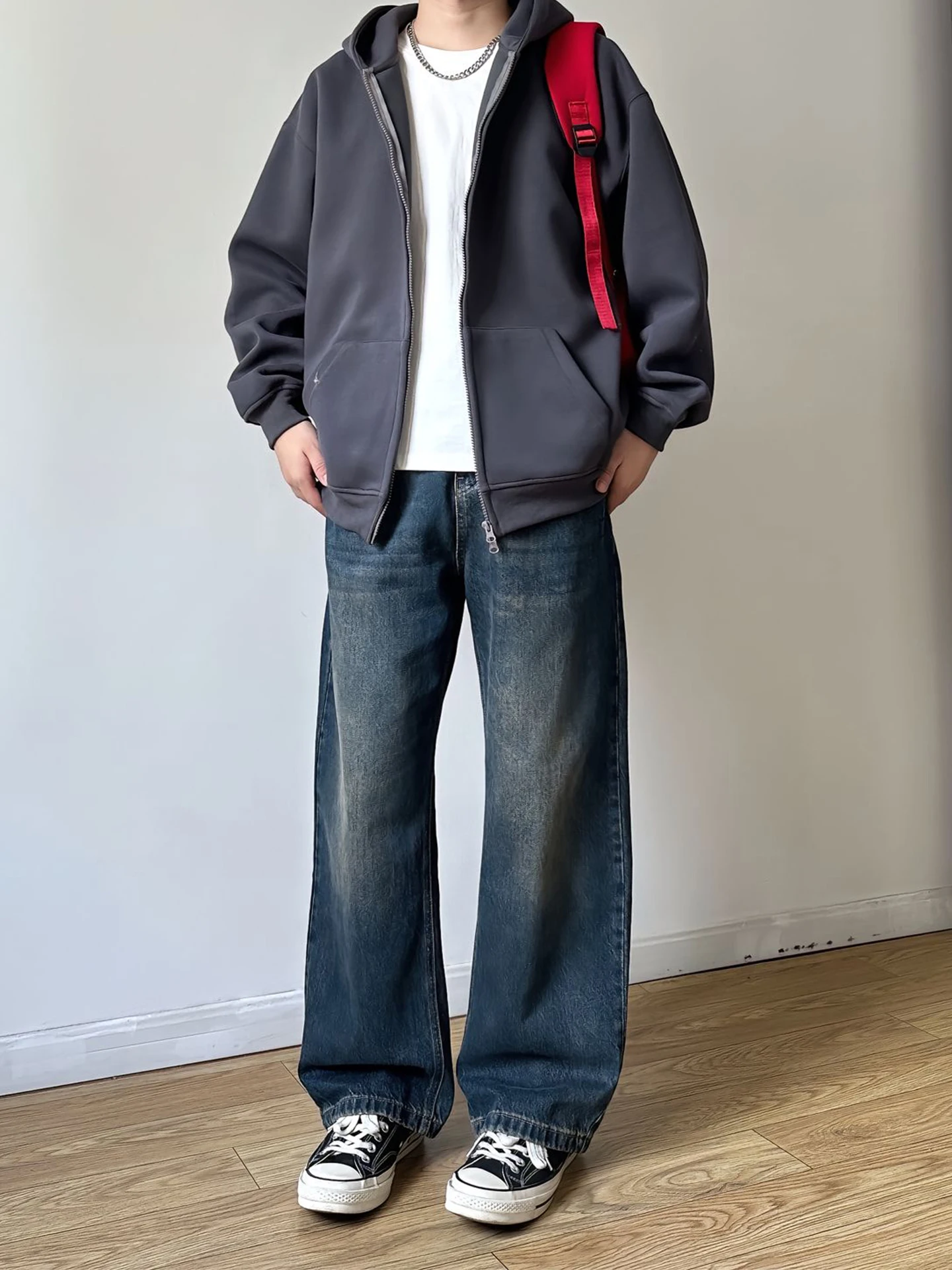 

American Sle Vintage Deep Blue Men's Loose Wide Leg Jeans Cleanfit Straight Micro Flared Long Trousers Casual High Waist