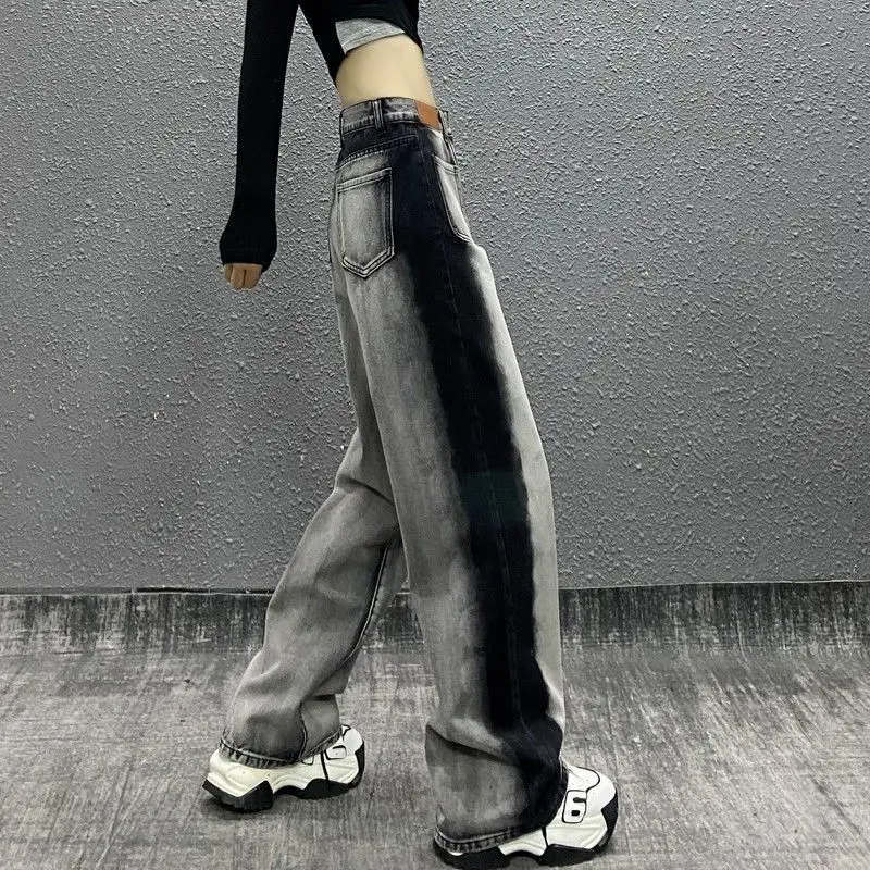 Spring Summer New Black and White Gradient Wide Leg Trousers Women High Street Button Zipper Pockets Patchwork Cotton Y2K Pants