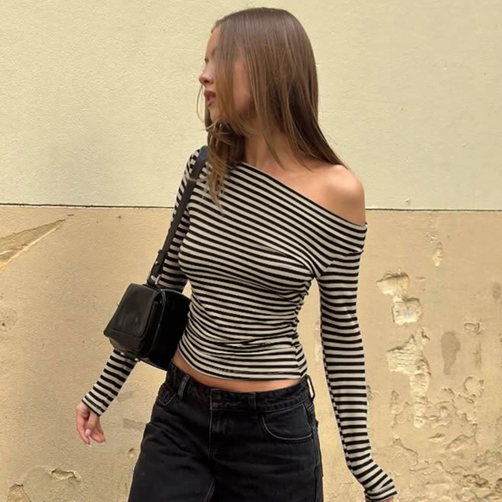 

Talenza Women Striped Top Sexy Strapless Crash Slim Long Sleeve T-Shirt New High Street Casual Chic Office Lady Female T-Shirt