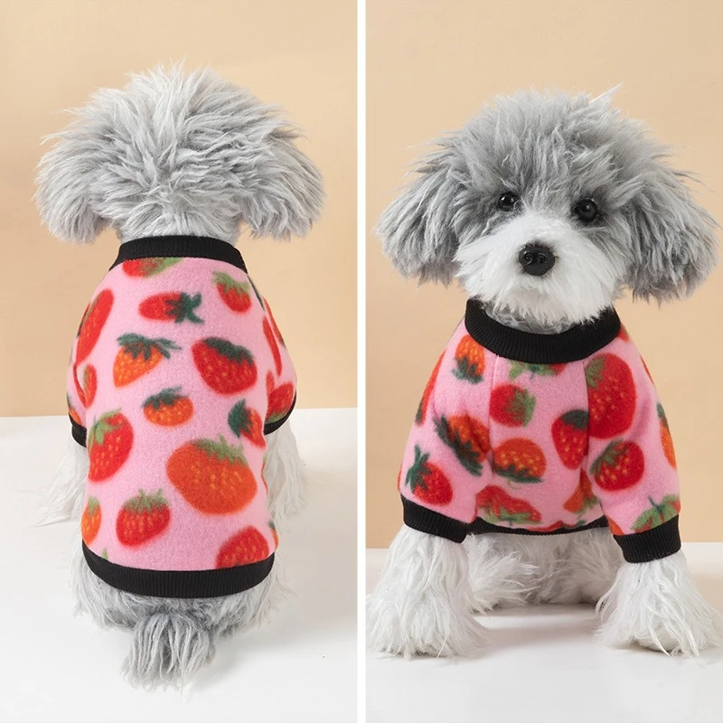 Lovely Small Dogs Sweatshirt Strawberry Print Soft Velvet Overalls for Cats Two Legged Leopard Autumn Winter Chihuahua Clothing