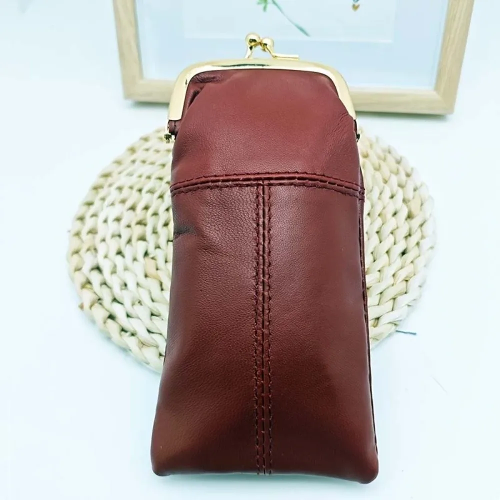 Secure Closure Leather Kiss Lock Purse Multi-Functional Metal Frame Retro Clasp Eyeglasses Bag Exquisite Large Capacity