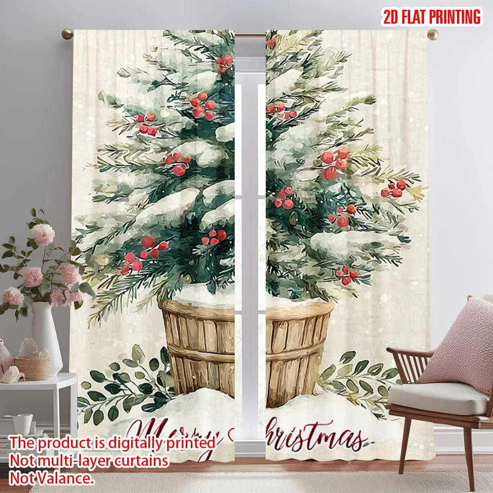 2pcs,2D plane printing Curtains Digital Printed Evergreen Tree_ Red Berries_ Snowflakes Versatile 100% Polyester (without rod)