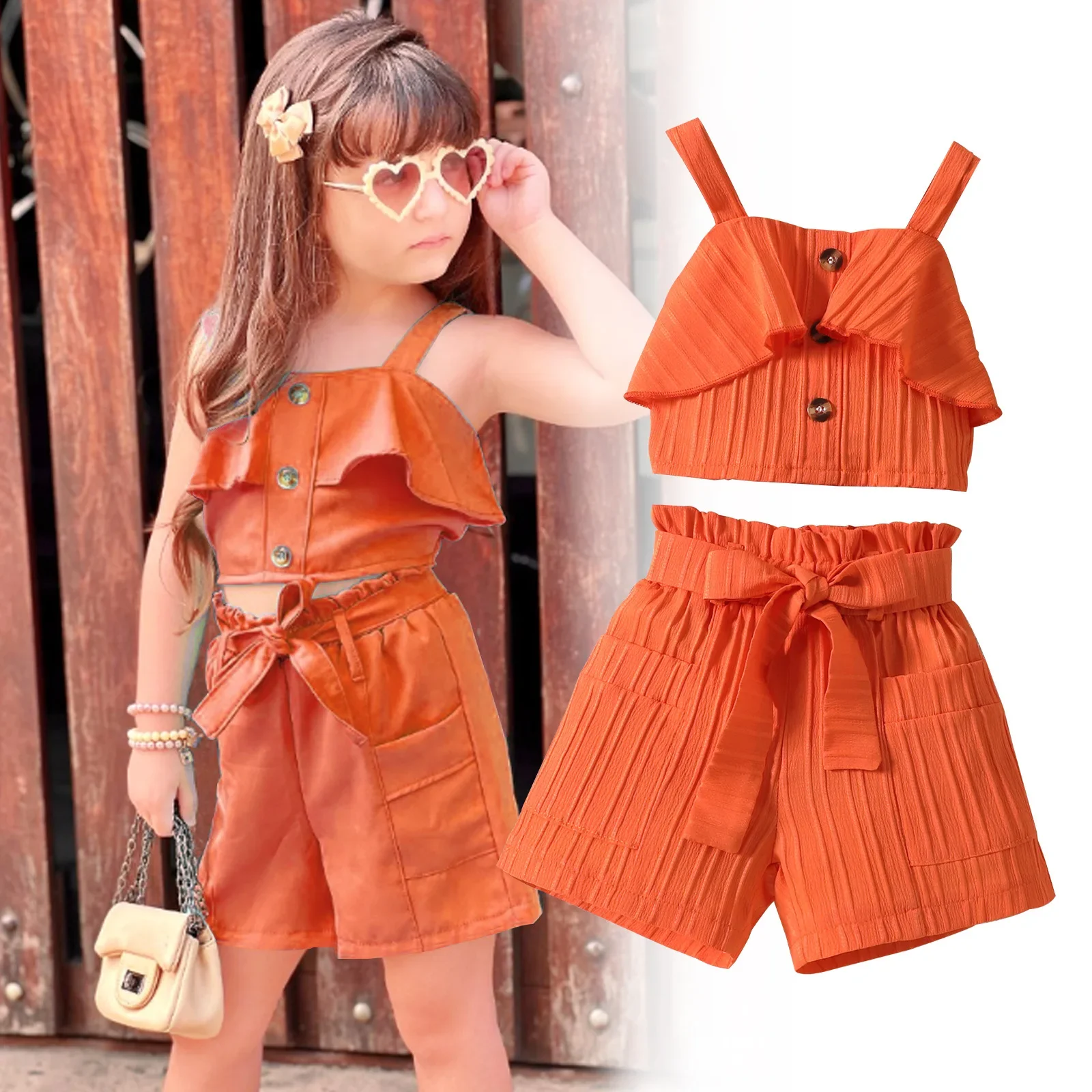 

New 2024 Summer Girls Clothing Sets Sleeveless Solid Ruffles Crop Tops + Shorts with Belt Children's Casual Clothes For 2-6Y