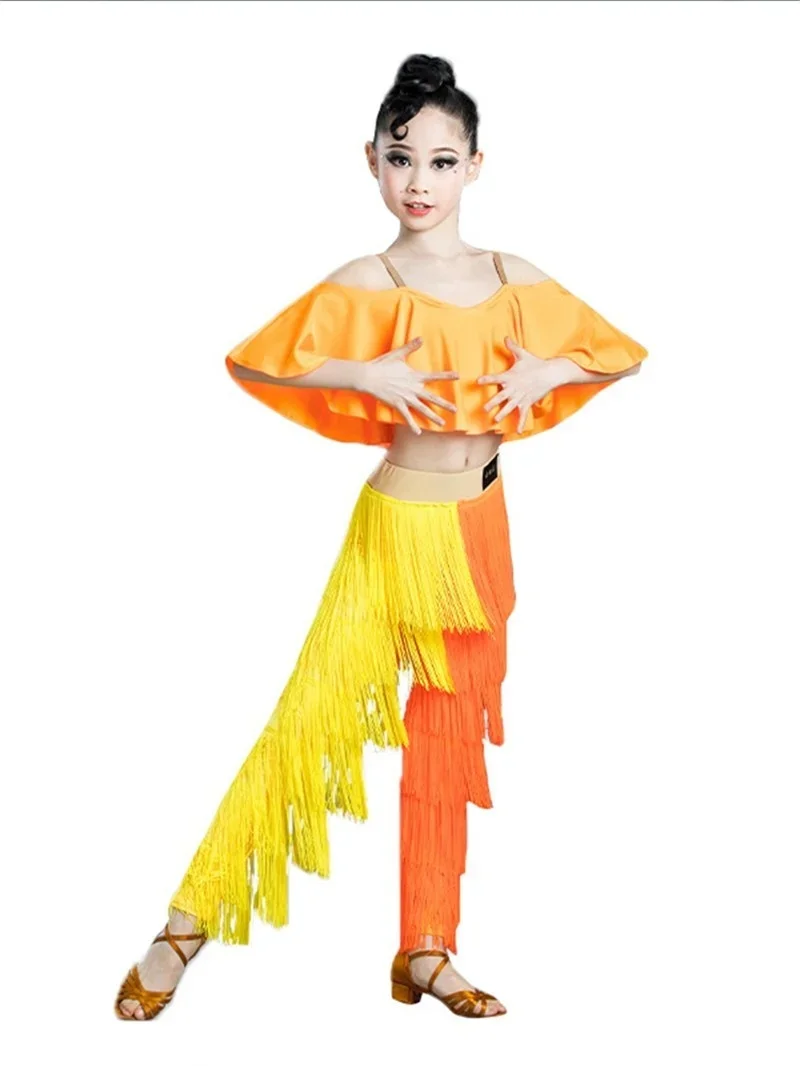 New Children Tassel Latin Dance Competition Clothes Girls National Standard Dance Tassel Pants Suit Practice Clothes Performance