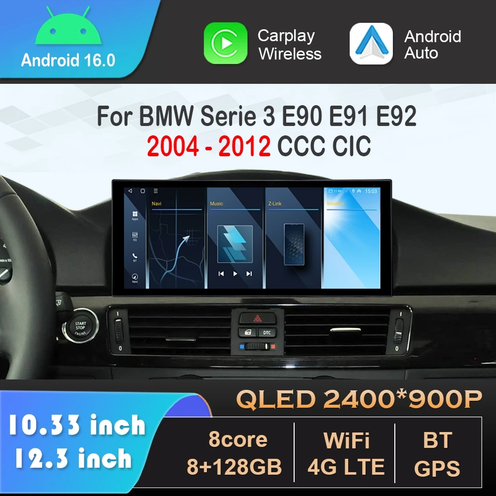 Android 14 für BMW Serie 3 E90 E91 E92 2004–2012 CCC CIC System Carplay DSP Stereo QLED GPS Autoradio Video Multimedia Player